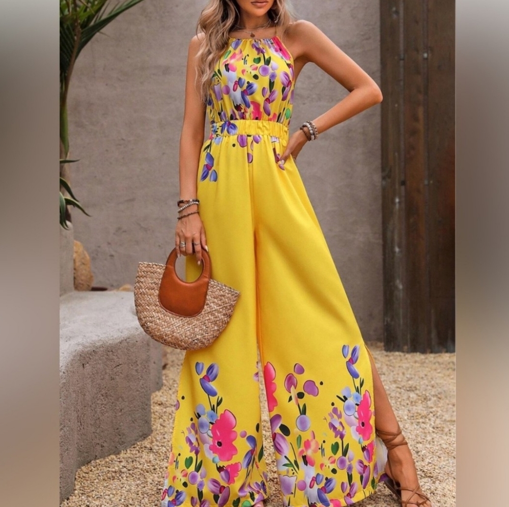 Boho Split Thigh Floral Wide Leg Jumpsuit Yellow